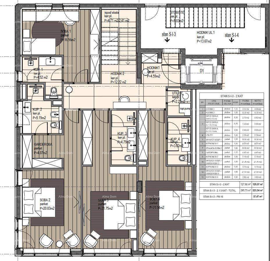 Detaillierter Grundriss einer Wohnung mit mehreren Schlafzimmern, Bädern und Balkon.