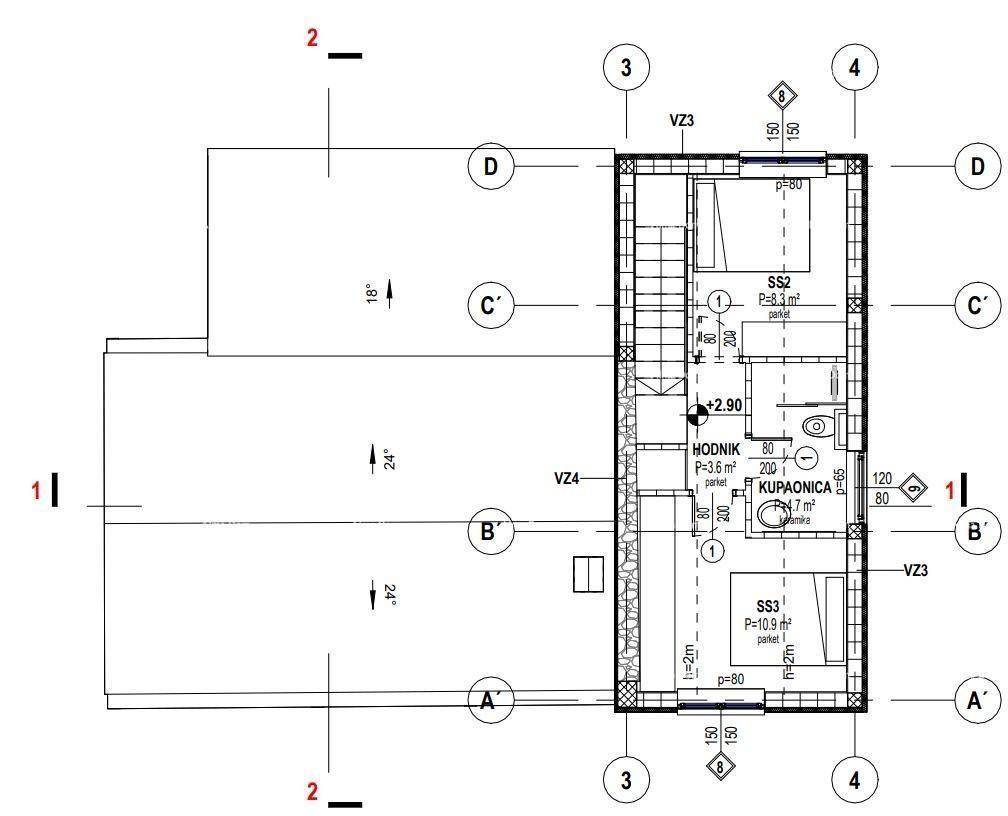 Grundriss des Obergeschosses mit zwei Schlafzimmern und einem Badezimmer.