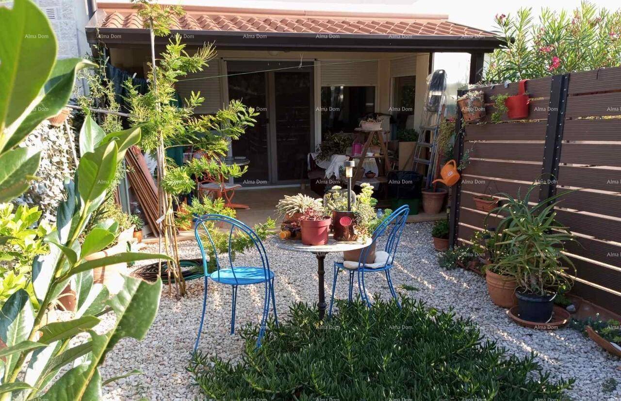 Kleiner, gepflegter Gartenbereich mit Sitzgelegenheiten und mediterranen Pflanzen.