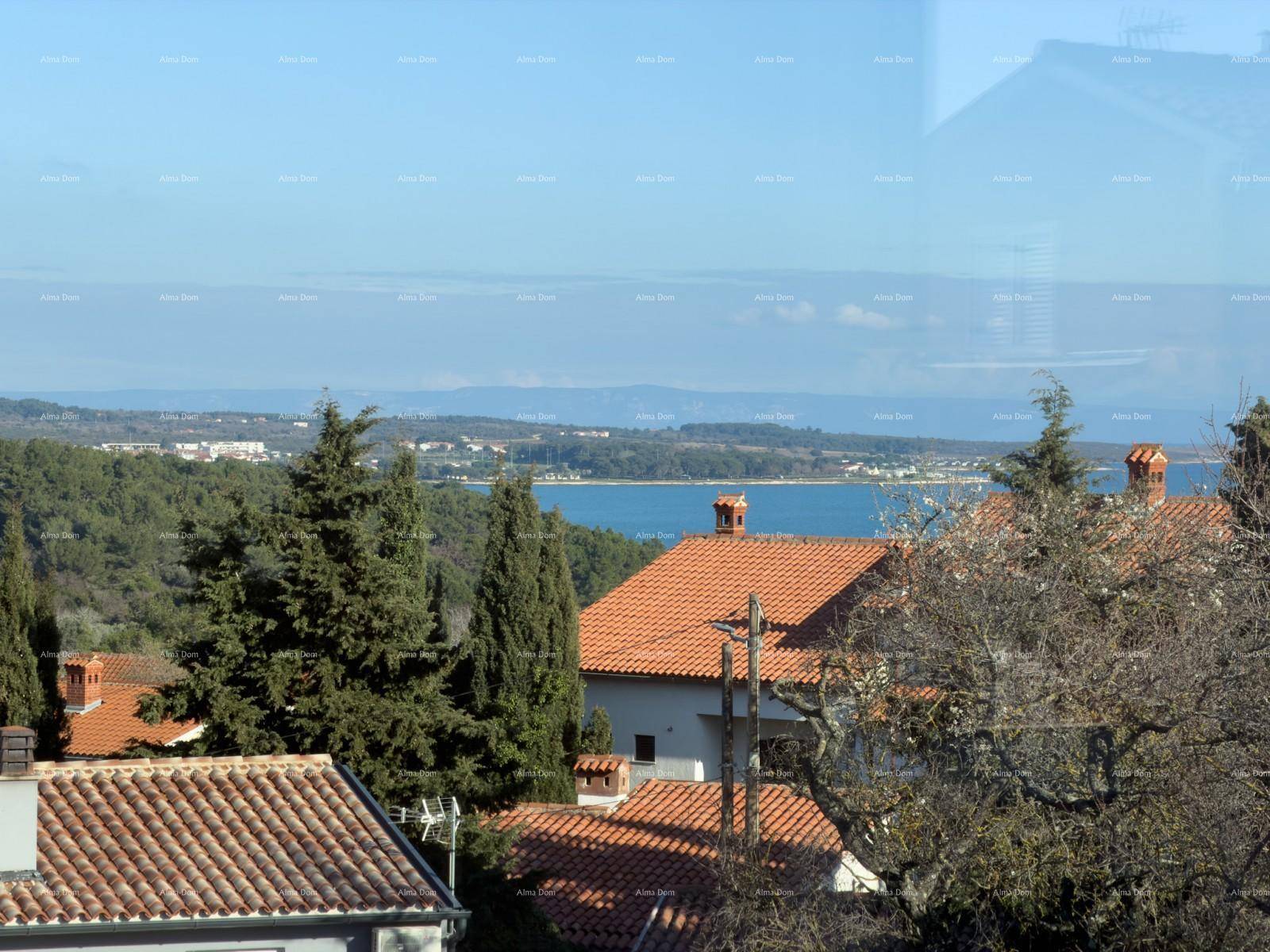 Panoramablick über die Küstenlandschaft mit Meer, grünen Bäumen und roten Dächern.