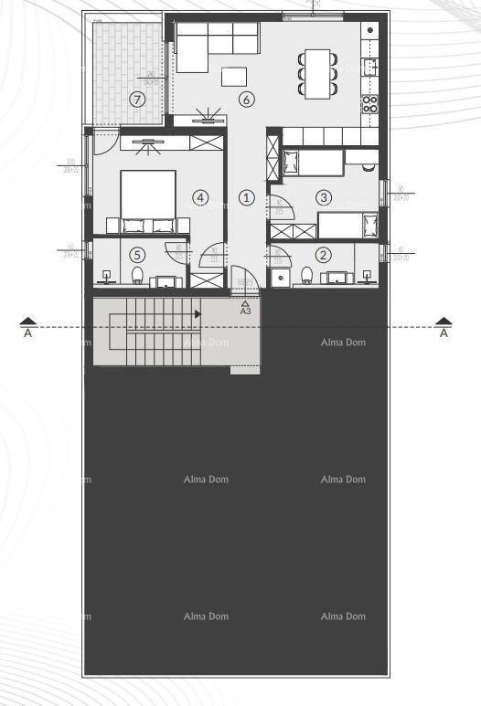 Detaillierter Grundriss einer Wohnung mit mehreren Zimmern und einem Balkon.