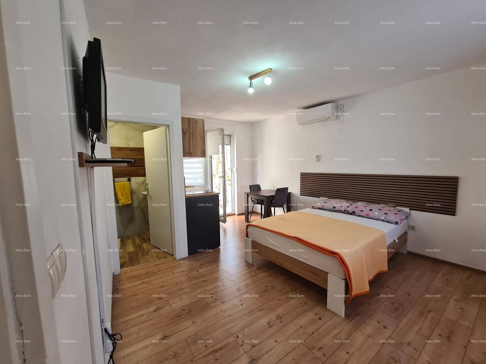 Schlafzimmer mit Doppelbett, kleiner Küchenzeile und Zugang zu einem Badezimmer.