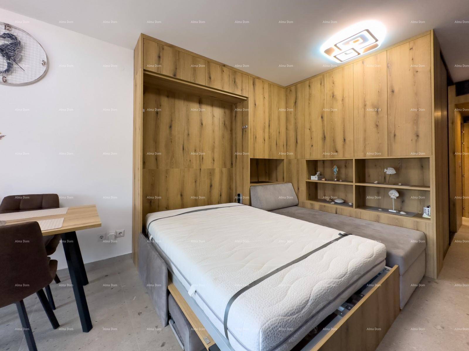 Heller Wohnbereich mit ausziehbarem Bett, Holzwänden und Essbereich.