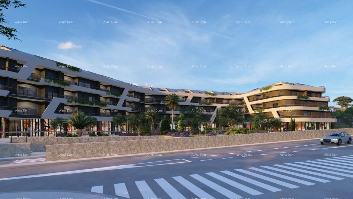 Rendering der modernen Gebäudefassade mit Palmen und einer Straße, die am Gebäude vorbeiführt.