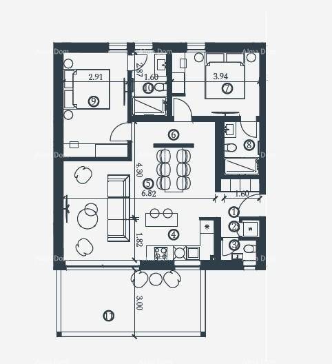 Grundriss einer Wohnung mit Wohnbereich, Küche, Schlafzimmer, Bad und Balkon.