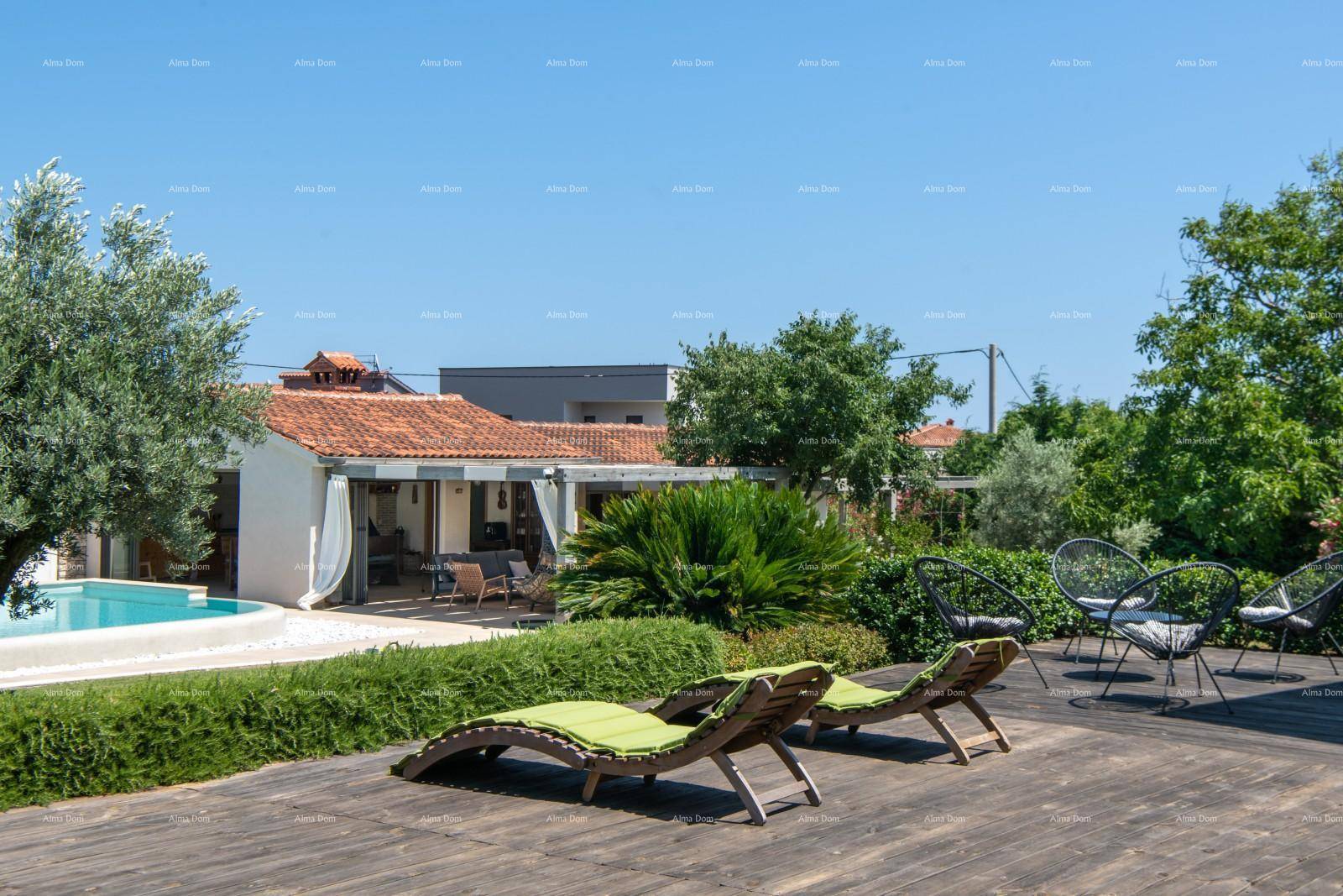 Geräumige Holzterrasse mit Sonnenliegen und Blick auf den Pool und die umliegende Natur.