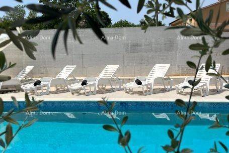 Entspannungsbereich am Pool mit mehreren weißen Liegestühlen und umgebender mediterraner Vegetation.