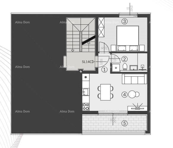 Grundriss einer Wohnung mit Schlafzimmer, Bad, offenem Wohnbereich und Loggia.