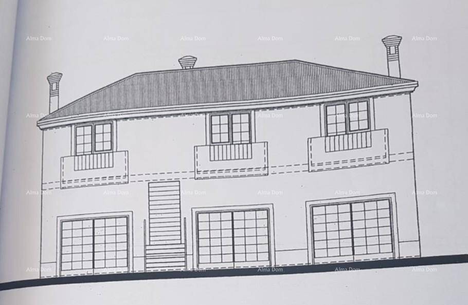Architektonische Zeichnung der Vorderansicht des Hauses mit Fenstern und Balkonen.