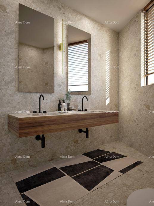 Modernes Badezimmer mit Doppelwaschbecken, großen Fliesen und Fenster für Tageslicht.