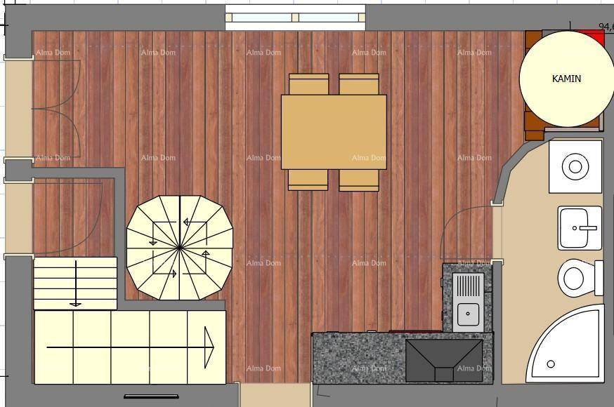 Grundriss des Erdgeschosses mit offenem Wohnbereich, Küche und Badezimmer.
