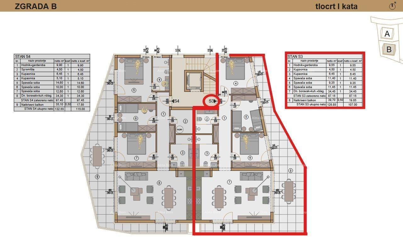 Grundriss für zwei Apartments (S3 und S4) mit mehreren Zimmern und Terrassen.