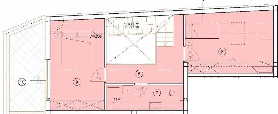 Grundriss einer Wohnung mit zwei Schlafzimmern, einem Badezimmer und Flurbereich.