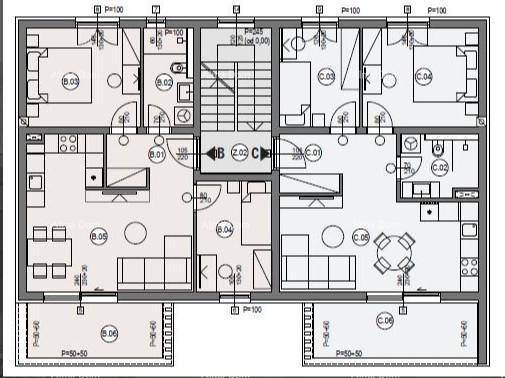 Detaillierter Grundriss einer Etage mit zwei Wohneinheiten, offener Raumaufteilung und Balkonzugang.