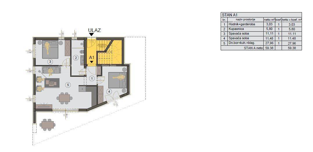 Grundriss einer Wohnung mit zwei Schlafzimmern, offenem Wohnbereich und Balkonzugang.
