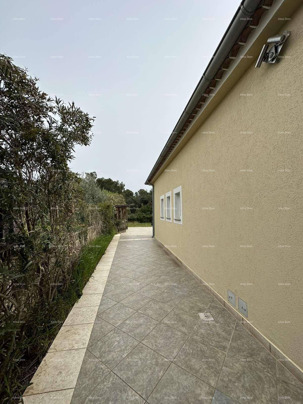 Seitlicher Zugang zum Haus mit gefliestem Weg, beiger Fassade und grüner Hecke.