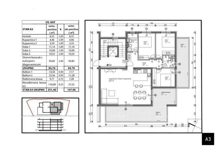 Detaillierter Grundriss des Apartments mit drei Schlafzimmern, zwei Bädern und offenem Wohnbereich.