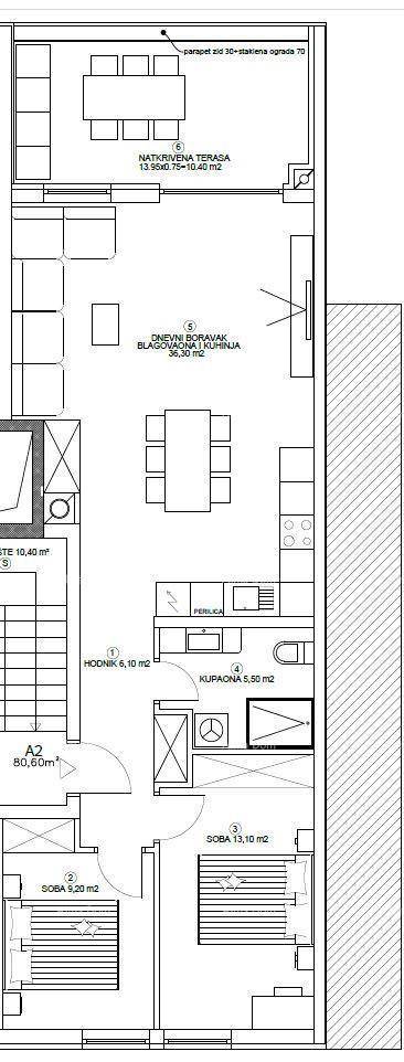 Grundriss einer Wohnung mit offenem Wohnbereich, zwei Schlafzimmern und überdachter Terrasse.