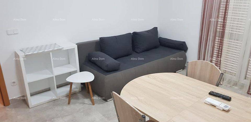 Gemütlicher Wohnbereich mit grauem Sofa, weißem Regal und kleinem Beistelltisch.