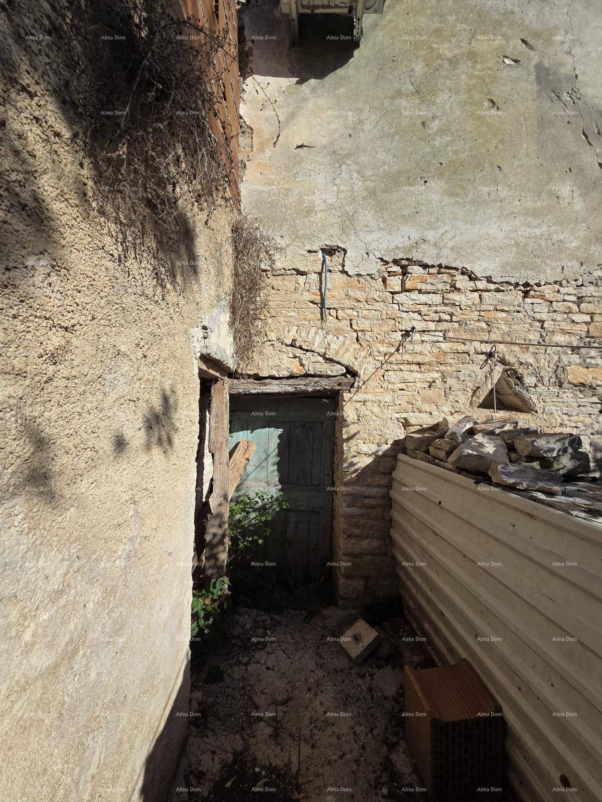Alter, verfallener Eingangsbereich mit Holztür und Steinmauern, umgeben von Schutt und Vegetation.