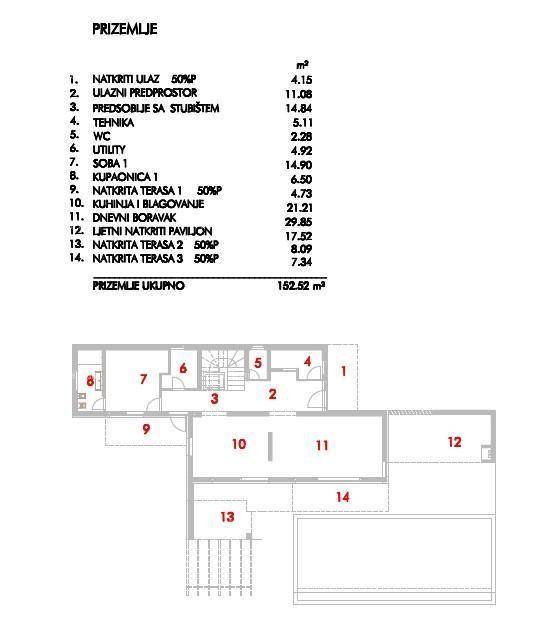 Grundriss des Erdgeschosses mit Küche, Essbereich, Wohnzimmer und Terrassen.