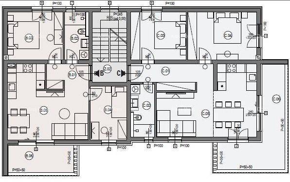 Grundrissplan von zwei Wohneinheiten mit mehreren Zimmern, Bädern und Balkonzugang.