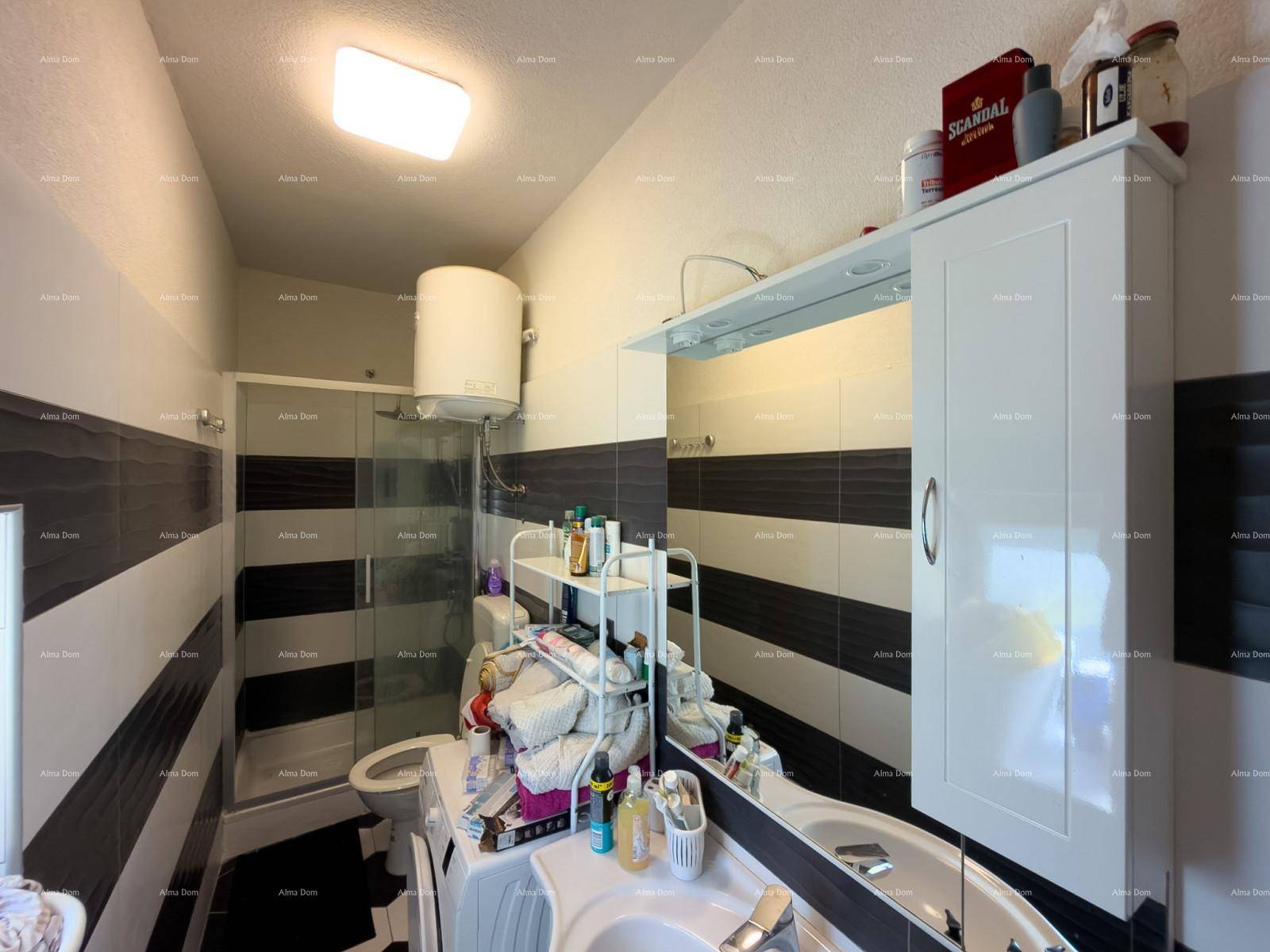 Badezimmer mit Duschbereich, Waschbecken und Spiegelschrank über dem Waschtisch.