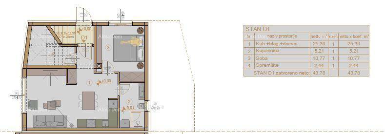 Grundriss einer Wohnung mit offenem Wohnbereich, Schlafzimmer, Badezimmer und Treppe.