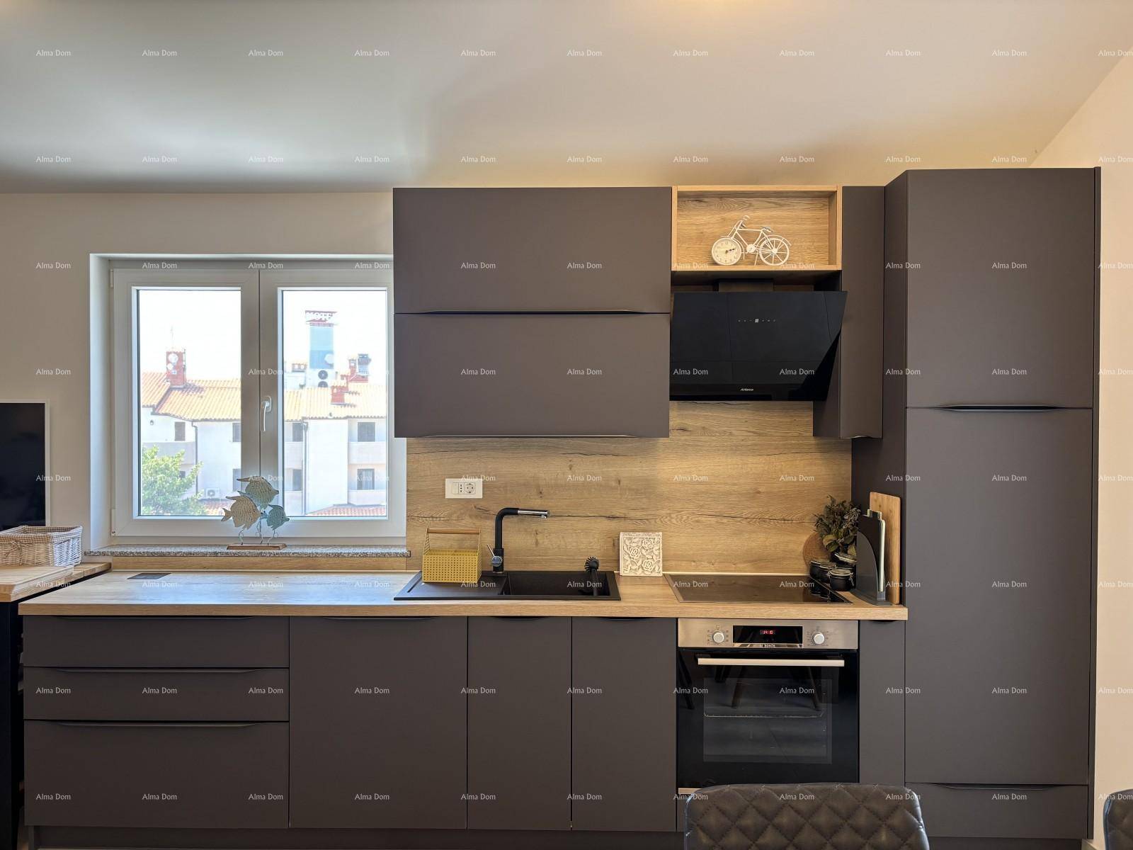 Gut ausgestattete moderne Küche mit Induktionskochfeld, Backofen und integriertem Kühlschrank.
