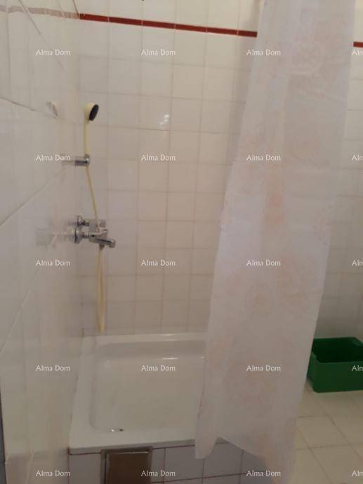 Badezimmer mit einer Badewanne und Duschvorhang, gefliesten Wänden und Boden.
