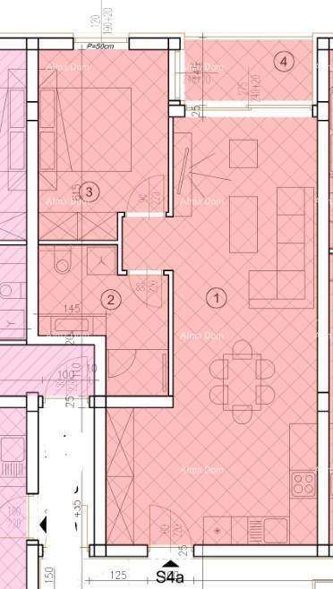 Grundriss einer Wohnung mit offenem Wohnbereich, Esszimmer, Küche, Schlafzimmer und Badezimmer.