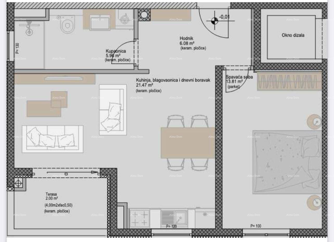 Grundriss einer Wohnung mit offenem Wohn-Essbereich, Schlafzimmer, Bad und Terrasse.