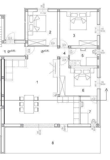 Grundriss einer Wohnung mit offenem Wohnbereich, drei Schlafzimmern und Loggia.