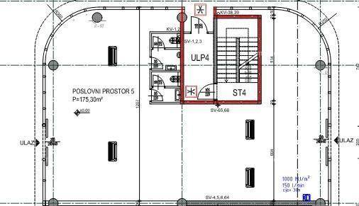Grundriss eines Geschäftsbereichs mit 175,30 m² Fläche, inklusive Treppenhaus, Aufzug und mehreren Räumen.