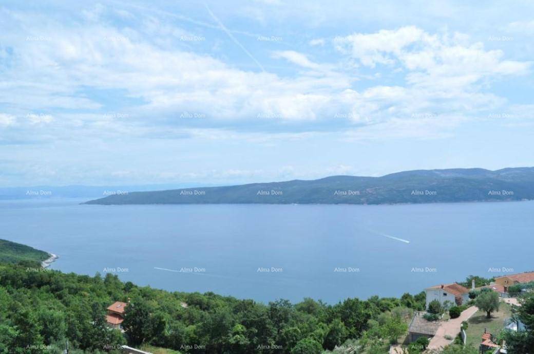 Panoramablick auf das weite, ruhige Meer und die grüne Küstenlandschaft unter blauem Himmel.
