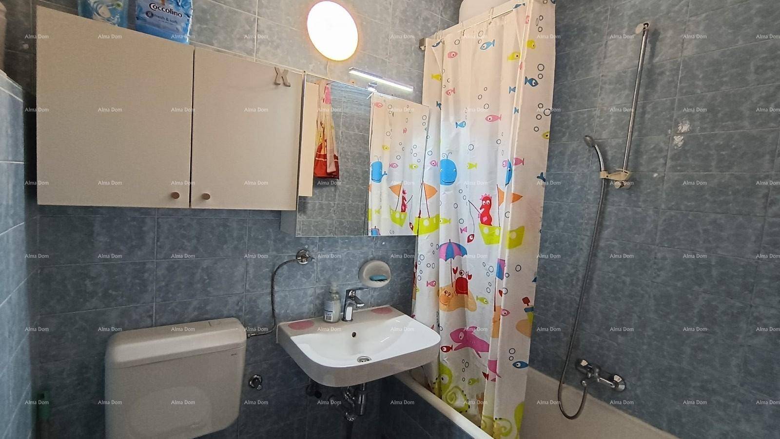 Badezimmer mit blauen Fliesen, Waschbecken, Toilette und Duschbereich mit Vorhang.