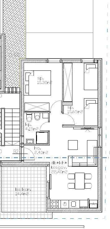 Grundriss einer Wohnung mit zwei Schlafzimmern, Bad und Balkon von 14,4 m².