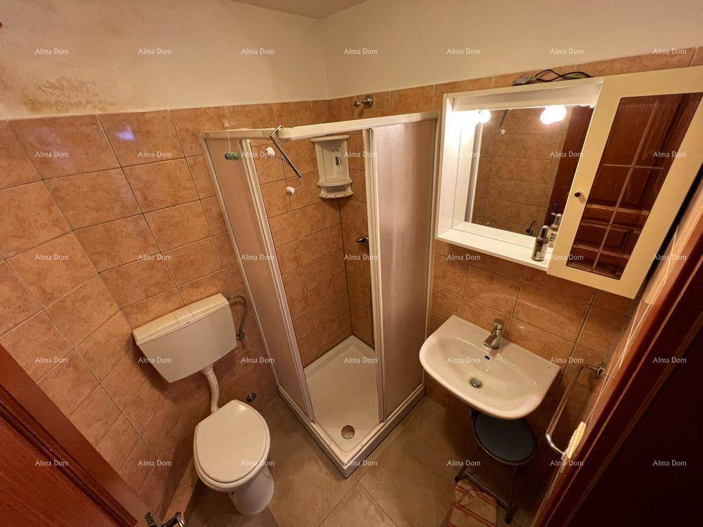 Kleines Badezimmer mit Duschkabine, WC, Spiegelschrank und braunen Fliesen.