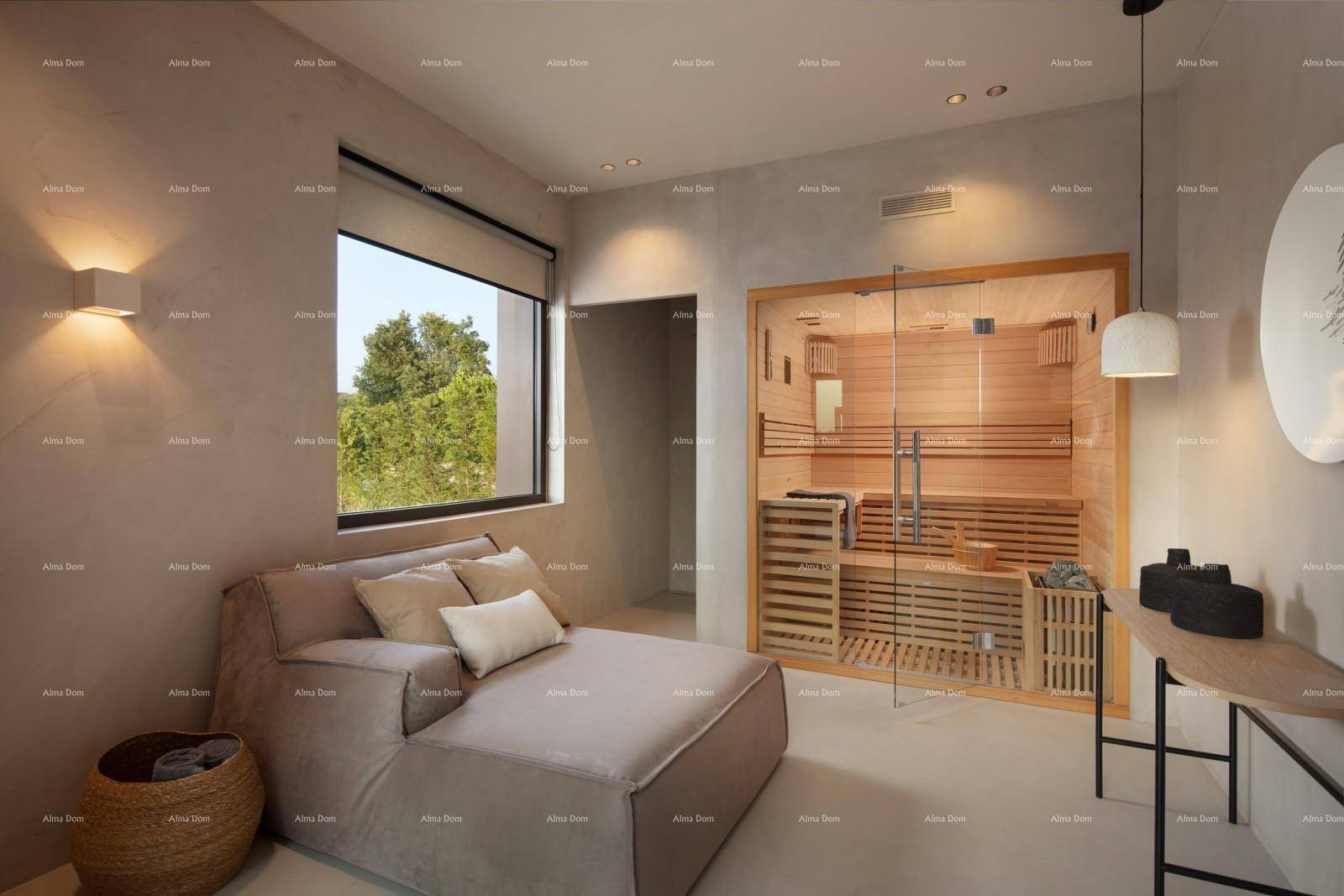 Privater Wellnessbereich mit moderner Sauna und Liegefläche für Entspannung.