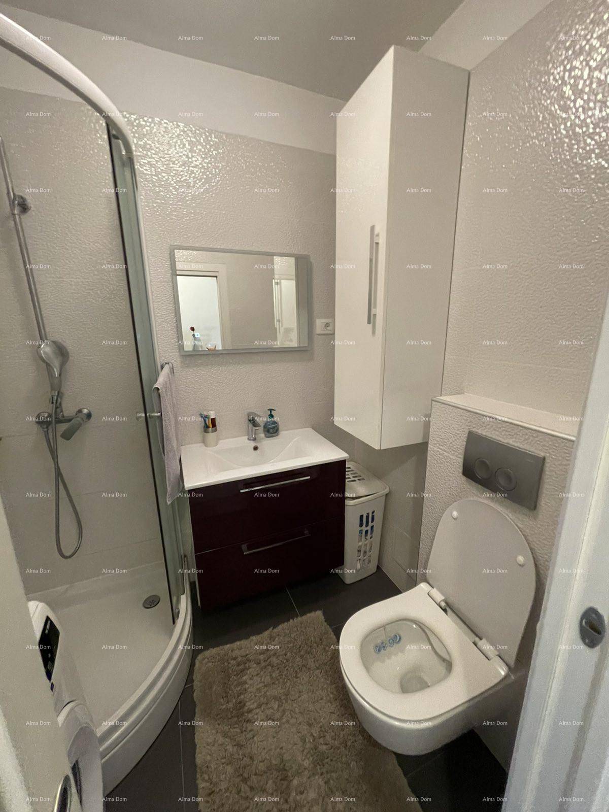 Badezimmer mit Duschkabine, wandhängendem WC und Waschbecken mit Spiegelschrank.