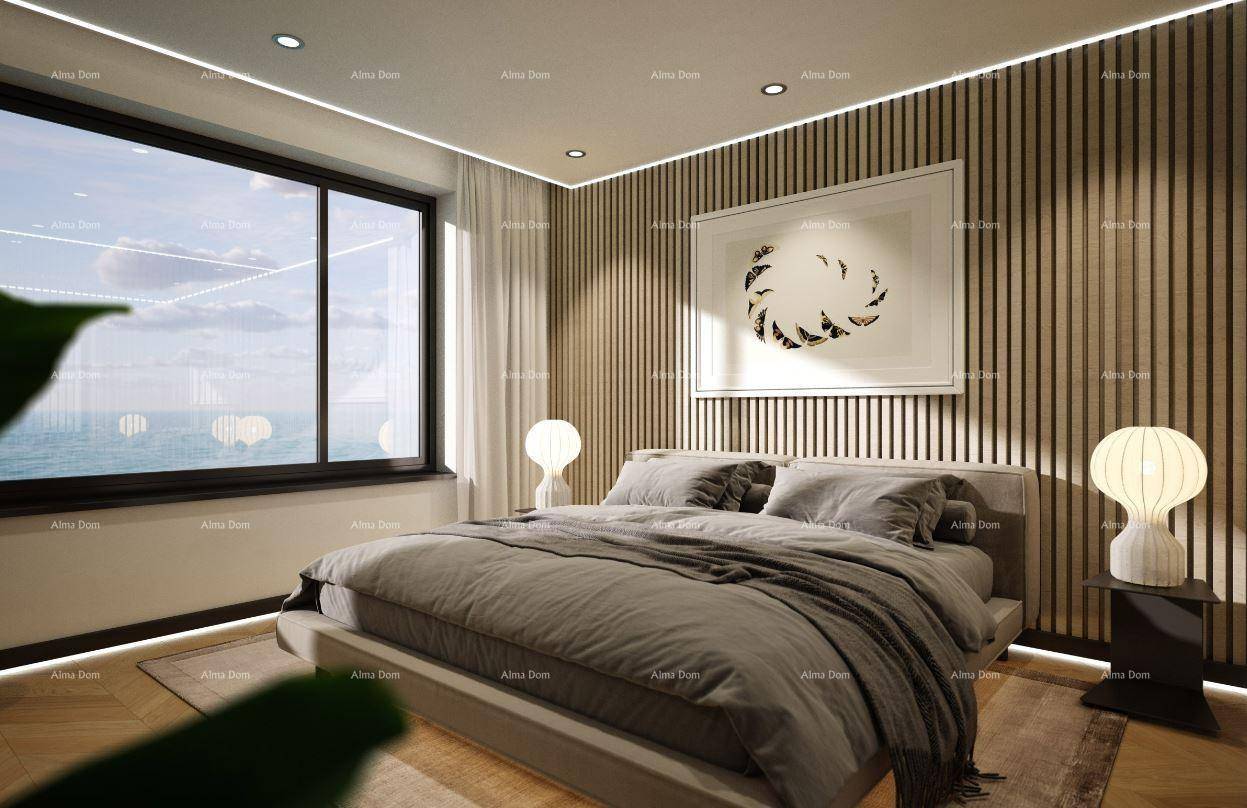 Ruhiges Schlafzimmer mit Holzwand, bequemen Bett und Panoramablick auf das Meer.