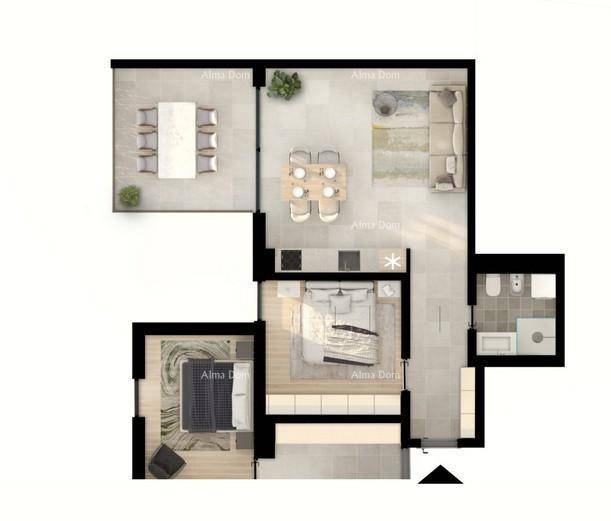 Grundriss einer Wohnung mit offenem Wohnbereich, zwei Schlafzimmern und einem Badezimmer.