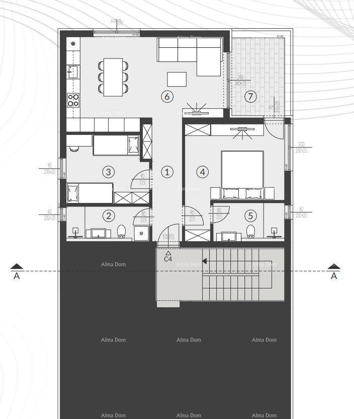 Detaillierter Grundriss einer Wohnung mit offenem Wohnbereich, Küche und Terrasse.