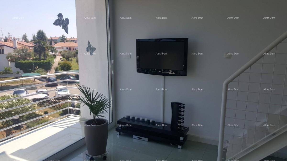 Wohnbereich mit Wandfernseher und Blick auf die umliegende Wohngegend durch große Fenster.