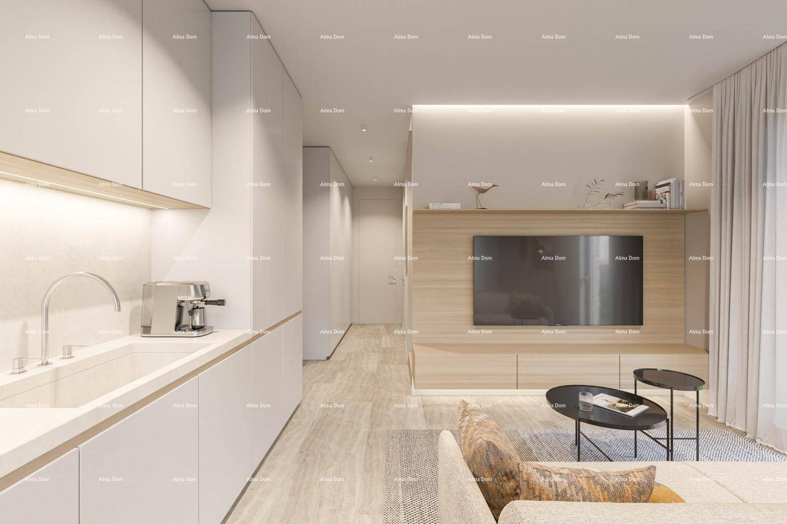 Moderner Wohnbereich mit integrierter Küchenzeile, Holzboden und minimalistischem Design.