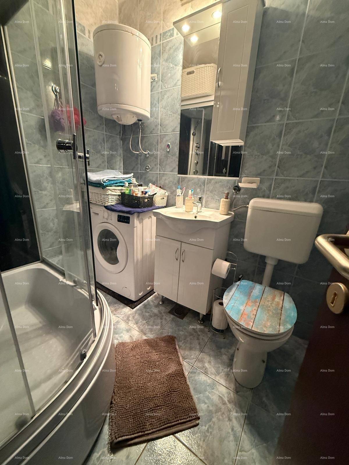 Badezimmer mit Duschkabine, Toilette, Waschbecken und Waschmaschine, umgeben von blauen Fliesen.