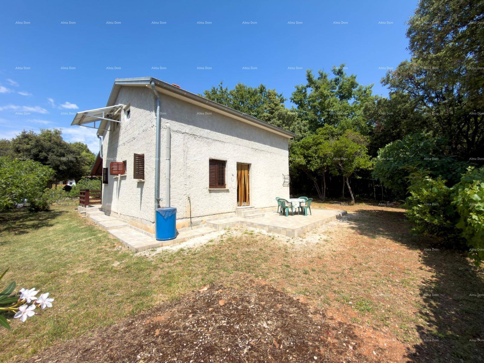 Seitenansicht des Hauses mit kleiner Terrasse und Gartenbereich unter blauem Himmel.