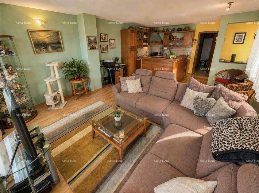 Offener Wohnbereich mit integrierter Küchenzeile, großem Sofa und Holzboden.