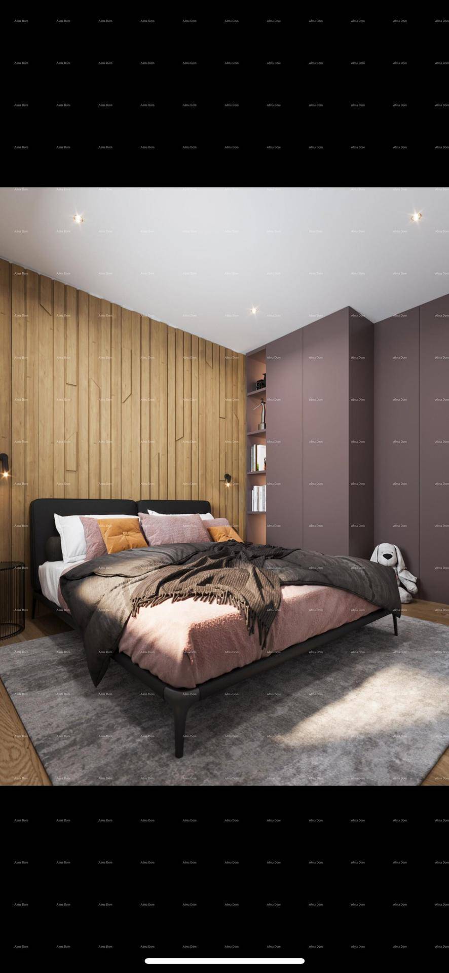 Gemütliches Schlafzimmer mit Holzwand, großem Bett und Einbauschränken in dunklem Ton.