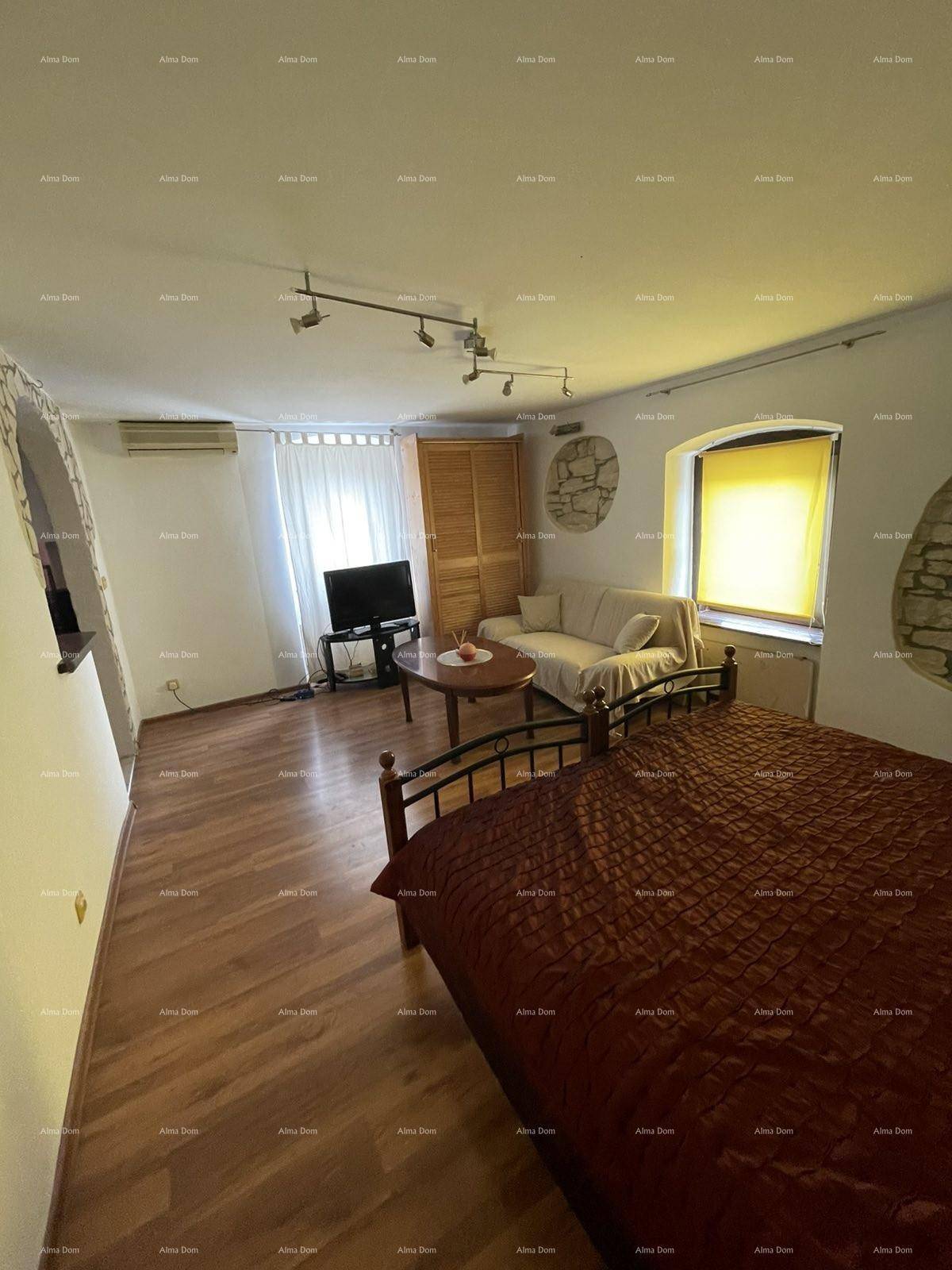 Kombinierter Wohn- und Schlafbereich mit Holzboden, Sofa, Bett und Klimaanlage.